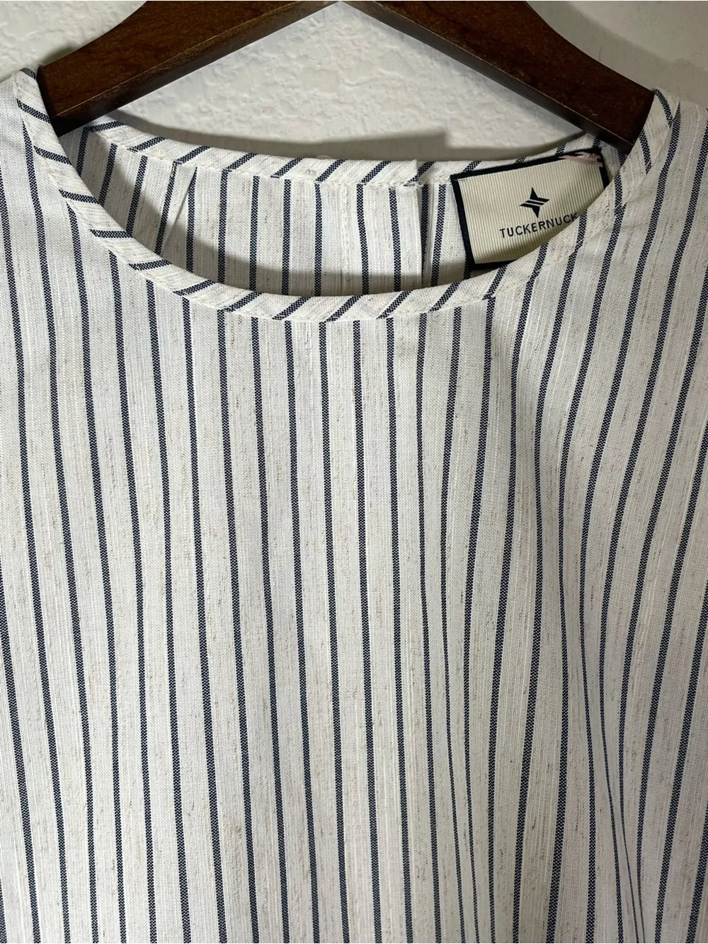 Tuckernuck Stripe Edie Puff Sleeve Top in Blue Linen New Cropped Size XXL